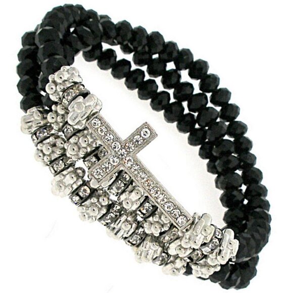 Ornate Elegant Believer's Cross 3 Strand Black Wrap Bead Beaded Stretch Bracelet - Picture 1 of 2